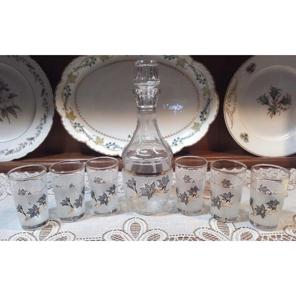 SALE 8 Pc MCM Frosted Gold n Black Barware. Decanter n Glass Set Cerve Italy